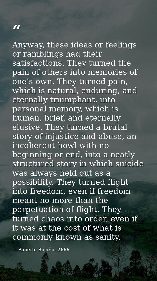 Anyway, these ideas or feelings or ramblings had their satisfactions. They turned the pain of others into memories of on — Roberto Bolaño, 2666