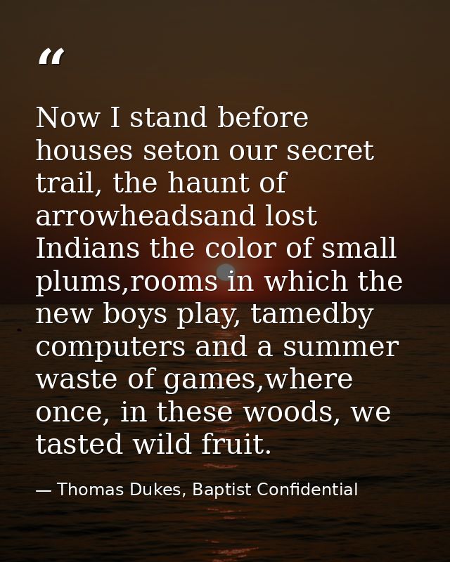 Now I stand before houses seton our secret trail, the haunt of arrowheadsand lost Indians the color of small plums,rooms — Thomas Dukes, Baptist Confidential