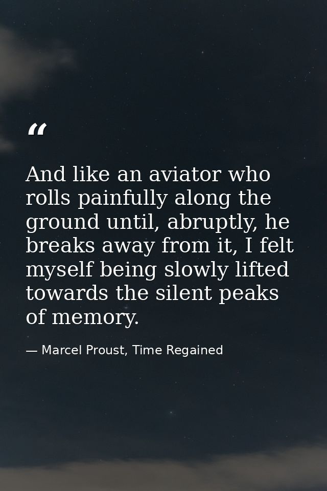 And like an aviator who rolls painfully along the ground until, abruptly, he breaks away from it, I felt myself being sl — Marcel Proust, Time Regained