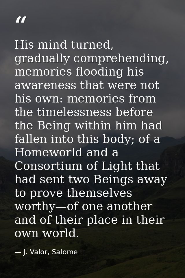 His mind turned, gradually comprehending, memories flooding his awareness that were not his own: memories from the timel — J. Valor, Salome