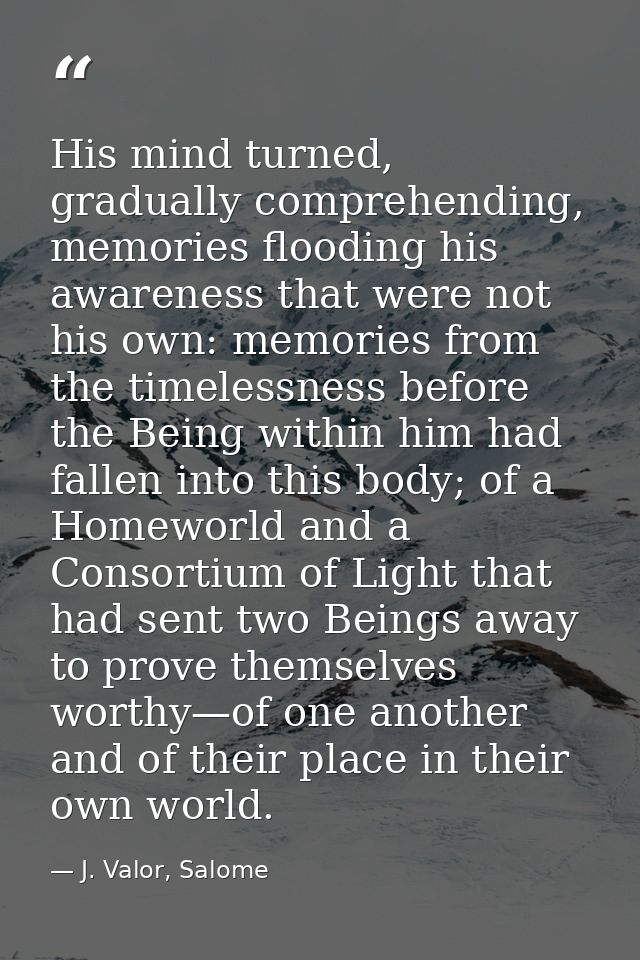 His mind turned, gradually comprehending, memories flooding his awareness that were not his own: memories from the timel — J. Valor, Salome