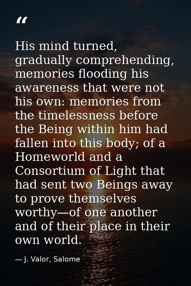 His mind turned, gradually comprehending, memories flooding his awareness that were not his own: memories from the timel — J. Valor, Salome