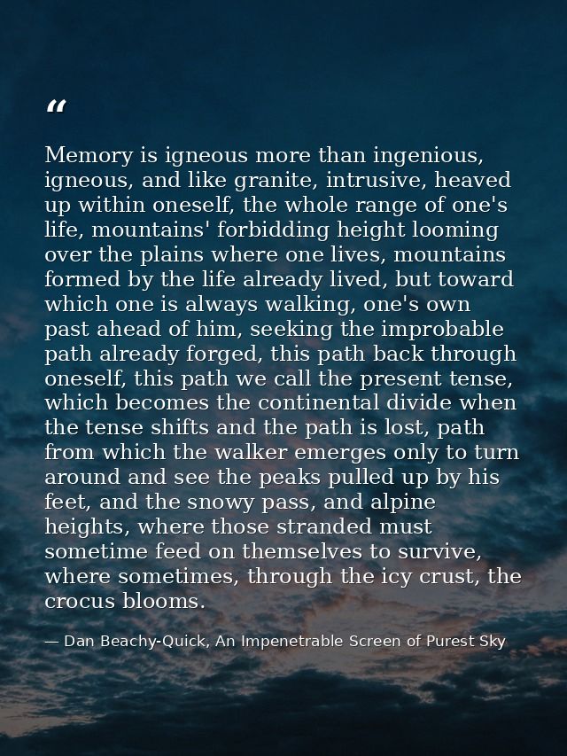Memory is igneous more than ingenious, igneous, and like granite, intrusive, heaved up within oneself, the whole range o — Dan Beachy-Quick, An Impenetrable Screen of Purest Sky
