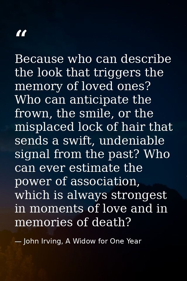 Because who can describe the look that triggers the memory of loved ones? Who can anticipate the frown, the smile, or th — John Irving, A Widow for One Year