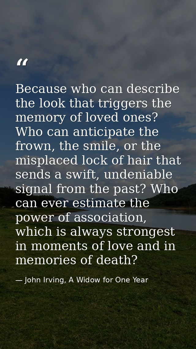 Because who can describe the look that triggers the memory of loved ones? Who can anticipate the frown, the smile, or th — John Irving, A Widow for One Year