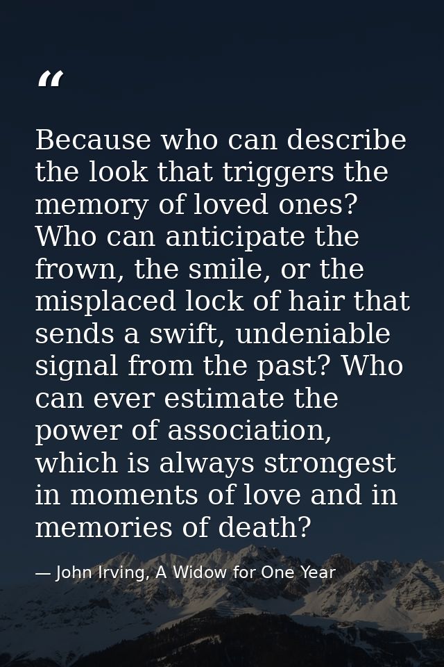 Because who can describe the look that triggers the memory of loved ones? Who can anticipate the frown, the smile, or th — John Irving, A Widow for One Year