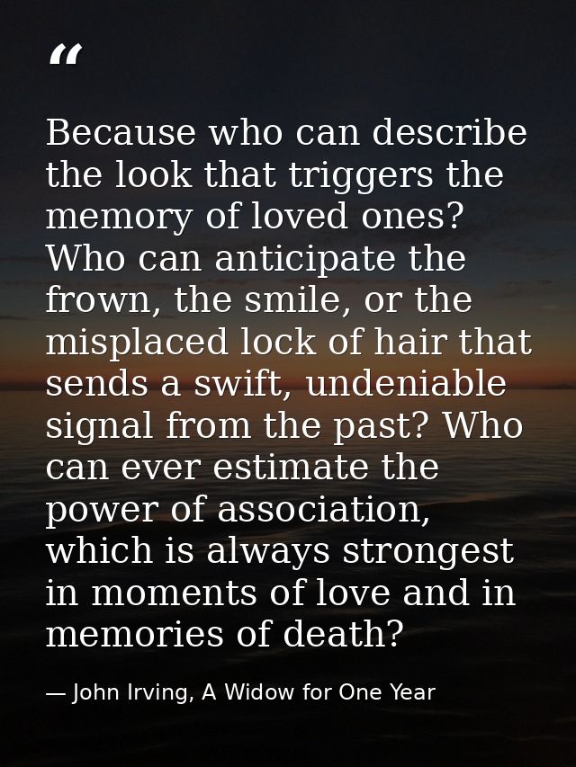 Because who can describe the look that triggers the memory of loved ones? Who can anticipate the frown, the smile, or th — John Irving, A Widow for One Year