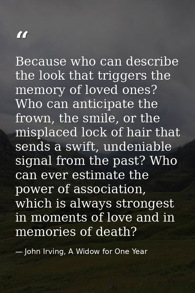 Because who can describe the look that triggers the memory of loved ones? Who can anticipate the frown, the smile, or th — John Irving, A Widow for One Year