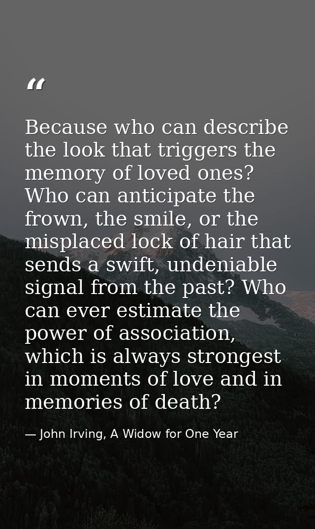 Because who can describe the look that triggers the memory of loved ones? Who can anticipate the frown, the smile, or th — John Irving, A Widow for One Year