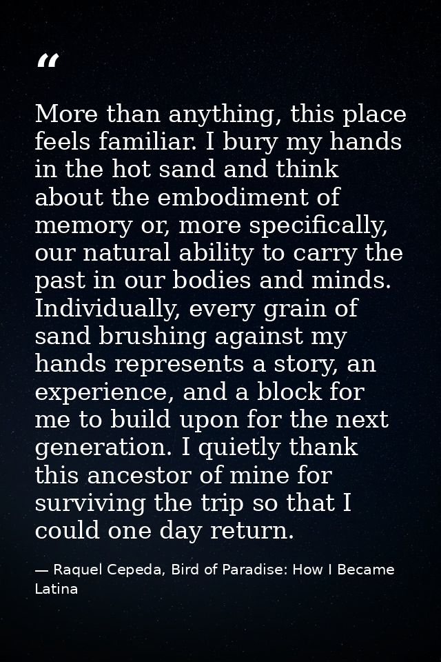 More than anything, this place feels familiar. I bury my hands in the hot sand and think about the embodiment of memory  — Raquel Cepeda, Bird of Paradise: How I Became Latina