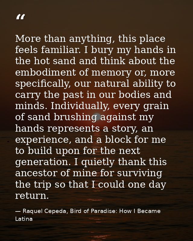 More than anything, this place feels familiar. I bury my hands in the hot sand and think about the embodiment of memory  — Raquel Cepeda, Bird of Paradise: How I Became Latina