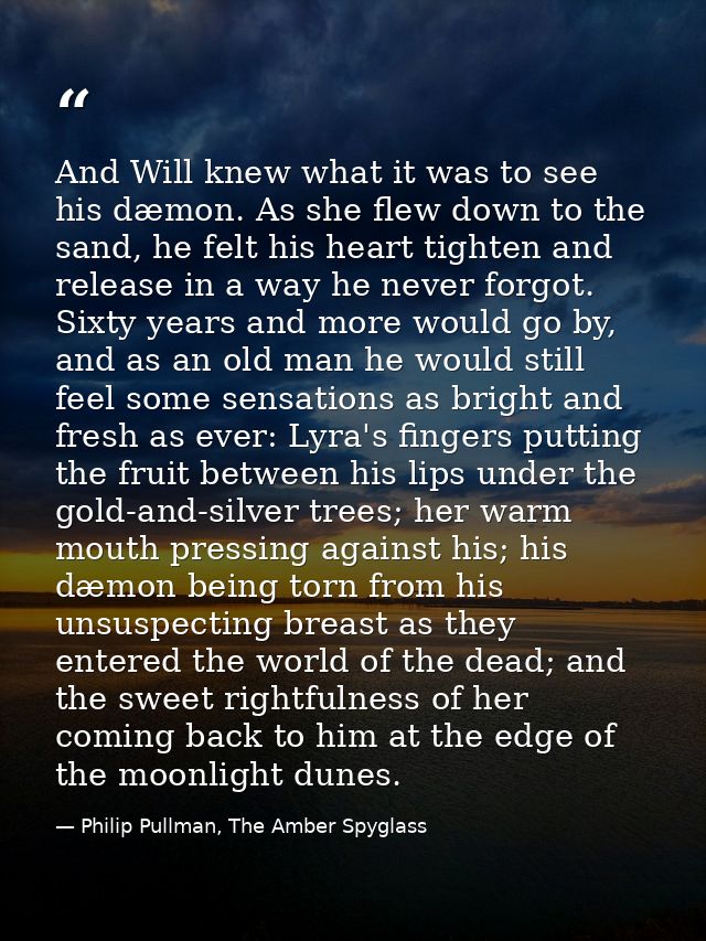 And Will knew what it was to see his dæmon. As she flew down to the sand, he felt his heart tighten and release in a way — Philip Pullman, The Amber Spyglass