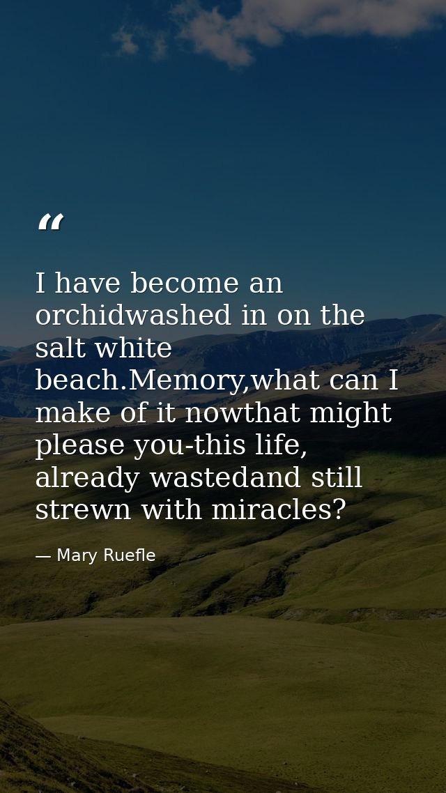 I have become an orchidwashed in on the salt white beach.Memory,what can I make of it nowthat might please you-this life — Mary Ruefle