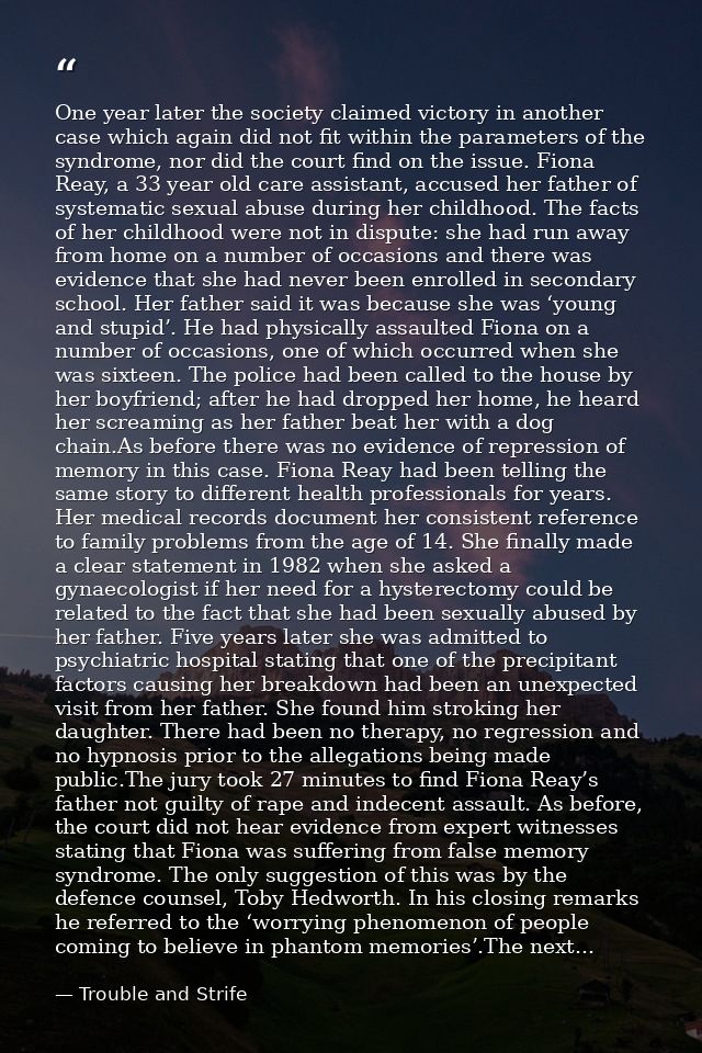 One year later the society claimed victory in another case which again did not fit within the parameters of the syndrome — Trouble and Strife