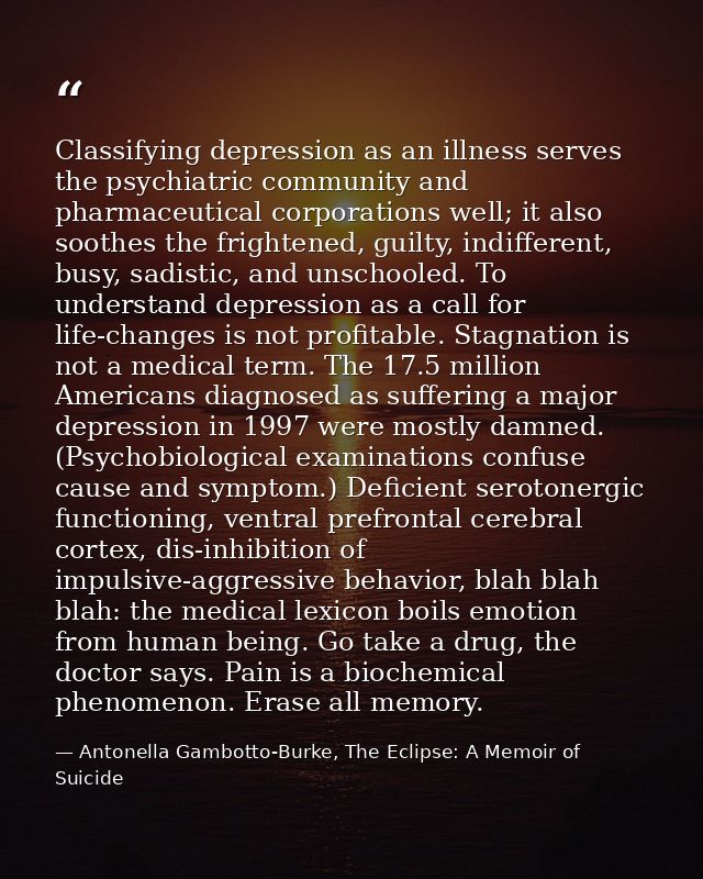Classifying depression as an illness serves the psychiatric community and pharmaceutical corporations well; it also soot — Antonella Gambotto-Burke, The Eclipse: A Memoir of Suicide