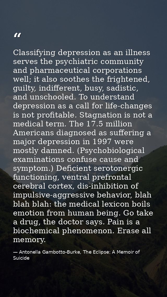 Classifying depression as an illness serves the psychiatric community and pharmaceutical corporations well; it also soot — Antonella Gambotto-Burke, The Eclipse: A Memoir of Suicide