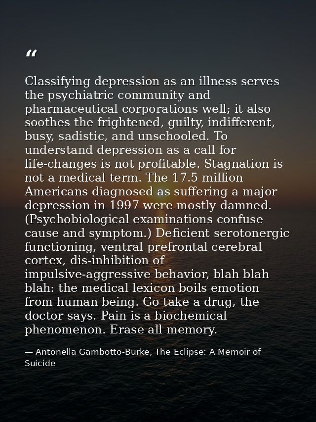 Classifying depression as an illness serves the psychiatric community and pharmaceutical corporations well; it also soot — Antonella Gambotto-Burke, The Eclipse: A Memoir of Suicide