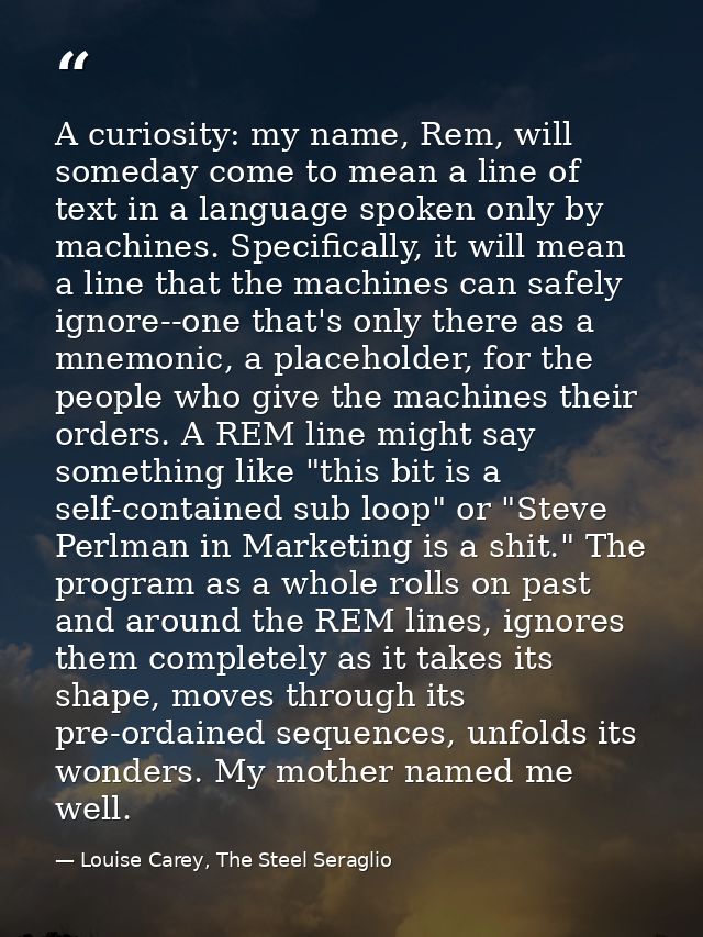 A curiosity: my name, Rem, will someday come to mean a line of text in a language spoken only by machines. Specifically, — Louise Carey, The Steel Seraglio
