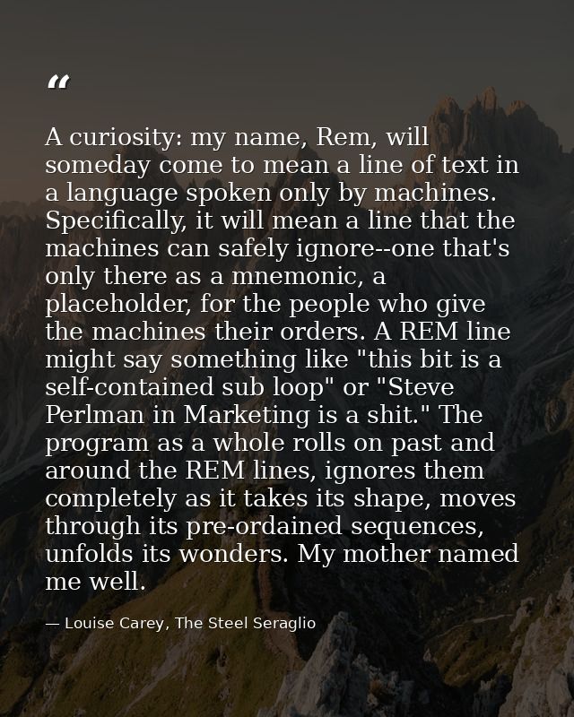 A curiosity: my name, Rem, will someday come to mean a line of text in a language spoken only by machines. Specifically, — Louise Carey, The Steel Seraglio