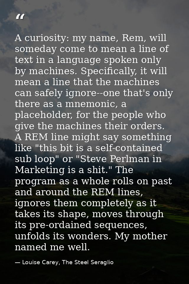 A curiosity: my name, Rem, will someday come to mean a line of text in a language spoken only by machines. Specifically, — Louise Carey, The Steel Seraglio