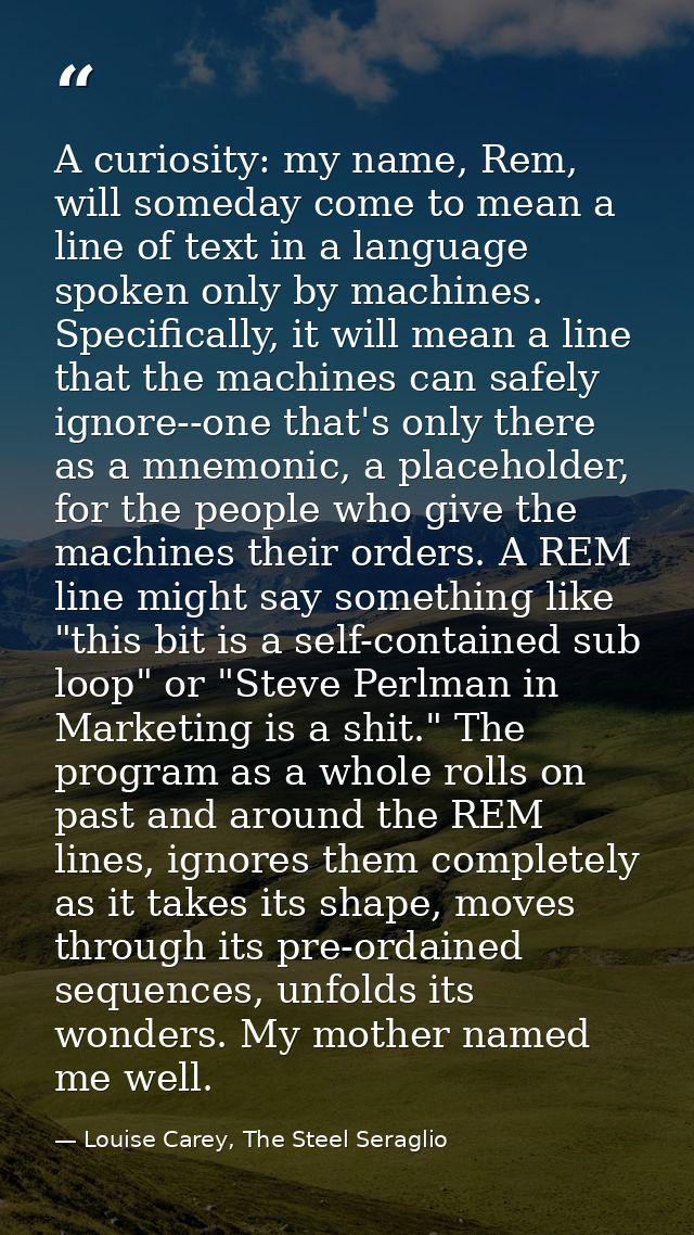 A curiosity: my name, Rem, will someday come to mean a line of text in a language spoken only by machines. Specifically, — Louise Carey, The Steel Seraglio
