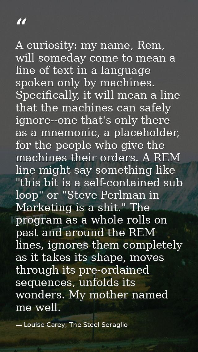 A curiosity: my name, Rem, will someday come to mean a line of text in a language spoken only by machines. Specifically, — Louise Carey, The Steel Seraglio