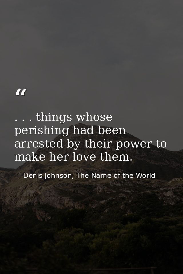 . . . things whose perishing had been arrested by their power to make her love them. — Denis Johnson, The Name of the World