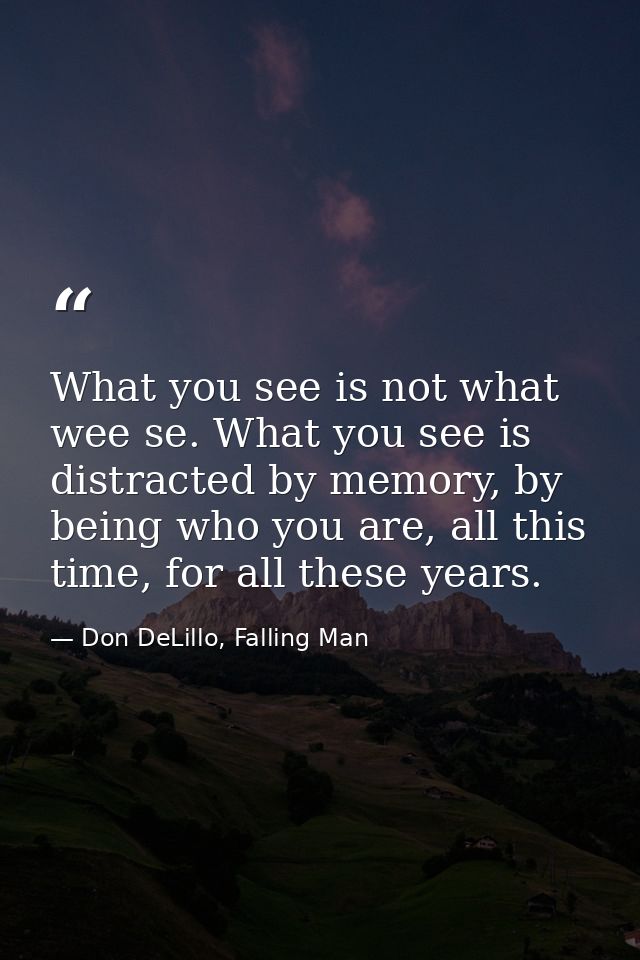What you see is not what wee se. What you see is distracted by memory, by being who you are, all this time, for all thes — Don DeLillo, Falling Man