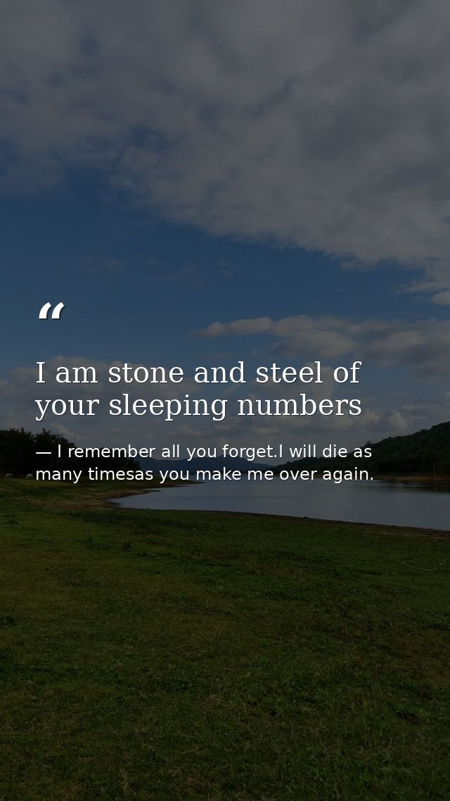 I am stone and steel of your sleeping numbers — I remember all you forget.I will die as many timesas you make me over again.