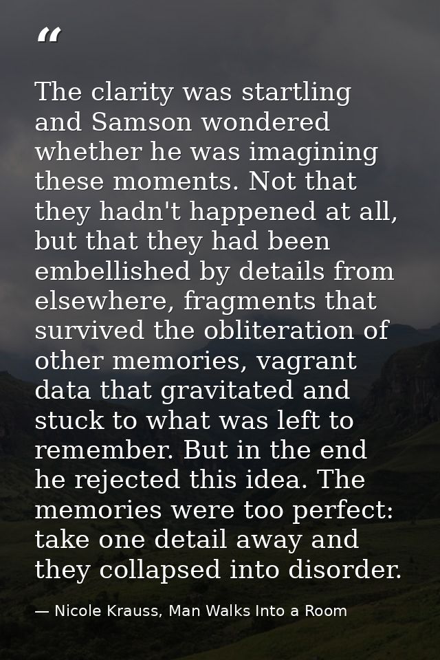 The clarity was startling and Samson wondered whether he was imagining these moments. Not that they hadn't happened at a — Nicole Krauss, Man Walks Into a Room