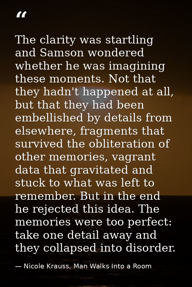 The clarity was startling and Samson wondered whether he was imagining these moments. Not that they hadn't happened at a — Nicole Krauss, Man Walks Into a Room