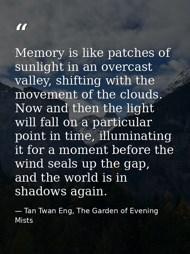 Memory is like patches of sunlight in an overcast valley, shifting with the movement of the clouds. Now and then the lig — Tan Twan Eng, The Garden of Evening Mists