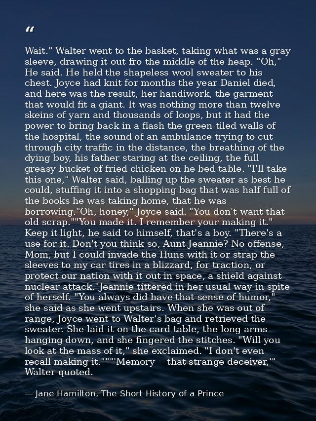 Wait." Walter went to the basket, taking what was a gray sleeve, drawing it out fro the middle of the heap. "Oh," He sai — Jane Hamilton, The Short History of a Prince