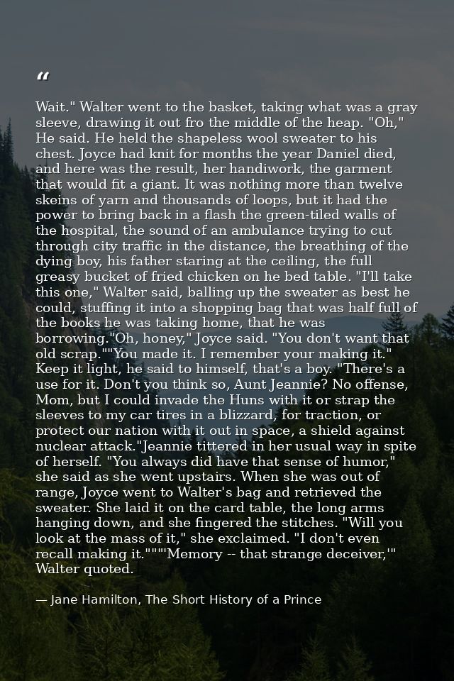 Wait." Walter went to the basket, taking what was a gray sleeve, drawing it out fro the middle of the heap. "Oh," He sai — Jane Hamilton, The Short History of a Prince