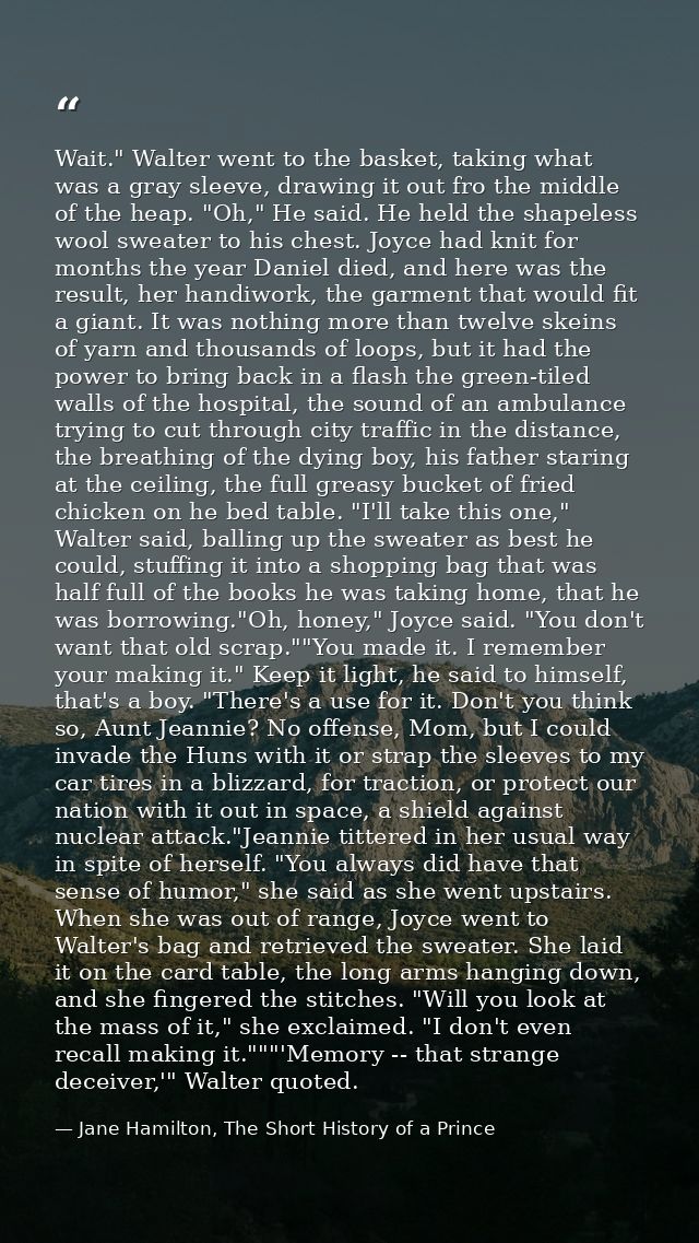 Wait." Walter went to the basket, taking what was a gray sleeve, drawing it out fro the middle of the heap. "Oh," He sai — Jane Hamilton, The Short History of a Prince