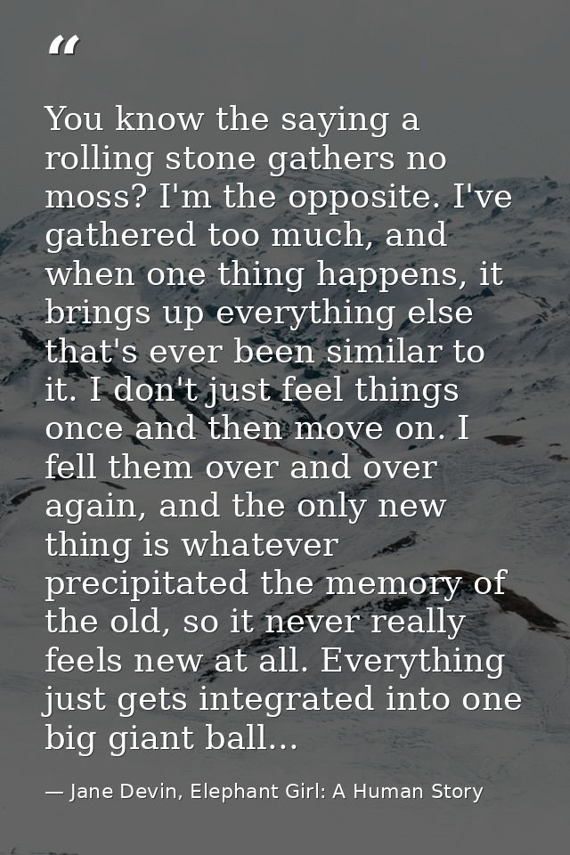 You know the saying a rolling stone gathers no moss? I'm the opposite. I've gathered too much, and when one thing happen — Jane Devin, Elephant Girl: A Human Story