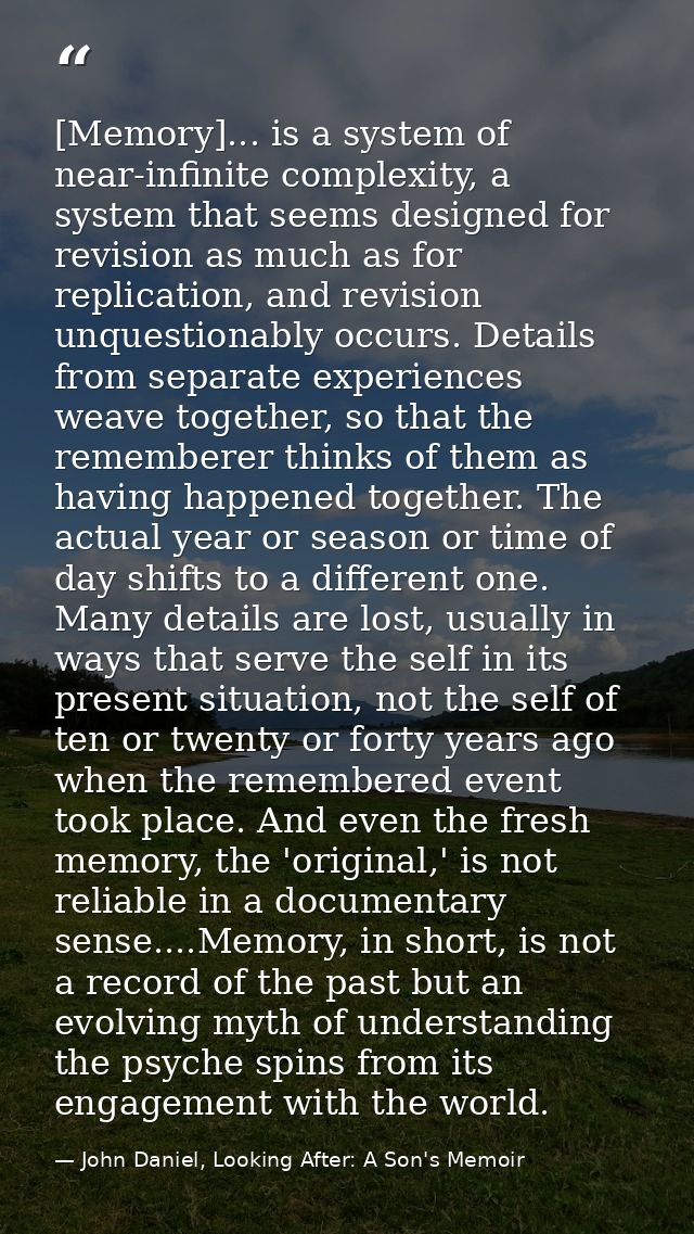[Memory]... is a system of near-infinite complexity, a system that seems designed for revision as much as for replicatio — John Daniel, Looking After: A Son's Memoir