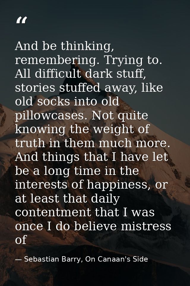And be thinking, remembering. Trying to. All difficult dark stuff, stories stuffed away, like old socks into old pillowc — Sebastian Barry, On Canaan's Side
