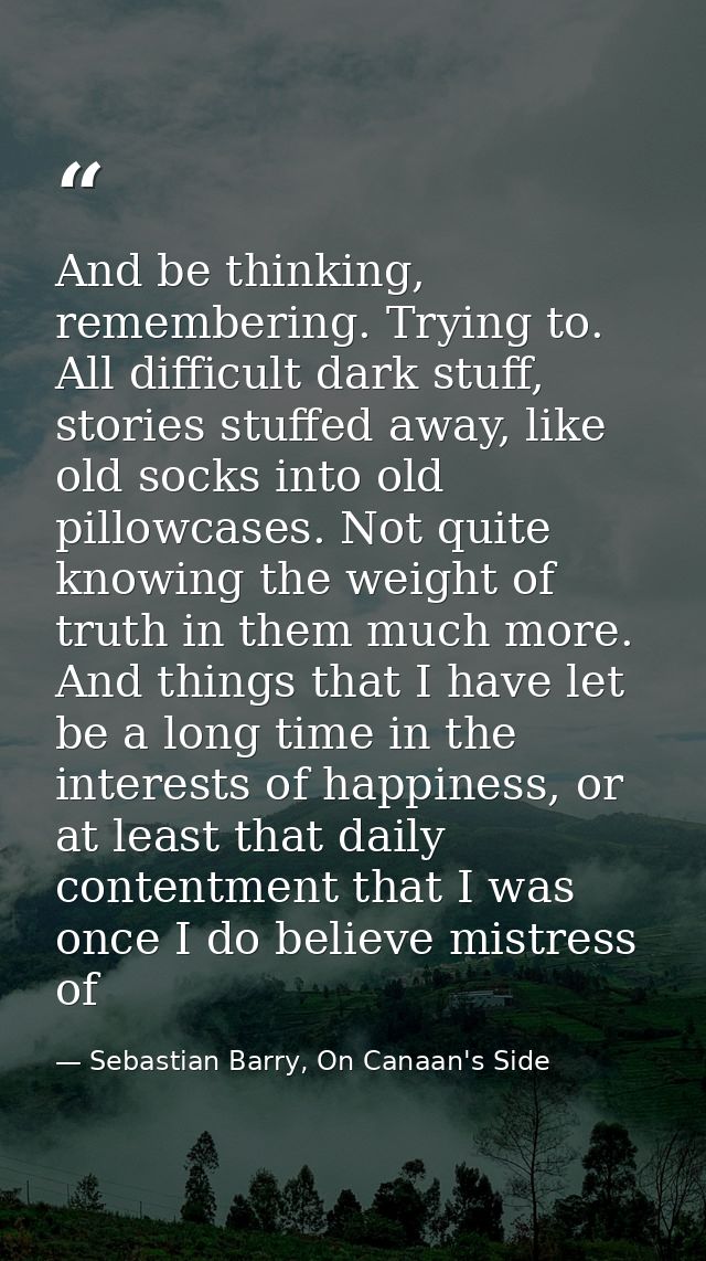 And be thinking, remembering. Trying to. All difficult dark stuff, stories stuffed away, like old socks into old pillowc — Sebastian Barry, On Canaan's Side