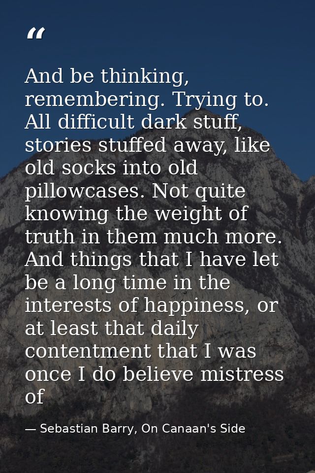 And be thinking, remembering. Trying to. All difficult dark stuff, stories stuffed away, like old socks into old pillowc — Sebastian Barry, On Canaan's Side