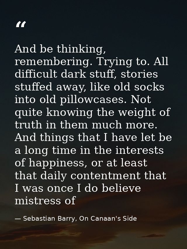 And be thinking, remembering. Trying to. All difficult dark stuff, stories stuffed away, like old socks into old pillowc — Sebastian Barry, On Canaan's Side