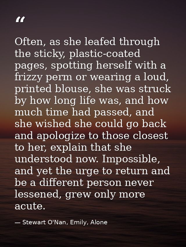 Often, as she leafed through the sticky, plastic-coated pages, spotting herself with a frizzy perm or wearing a loud, pr — Stewart O'Nan, Emily, Alone