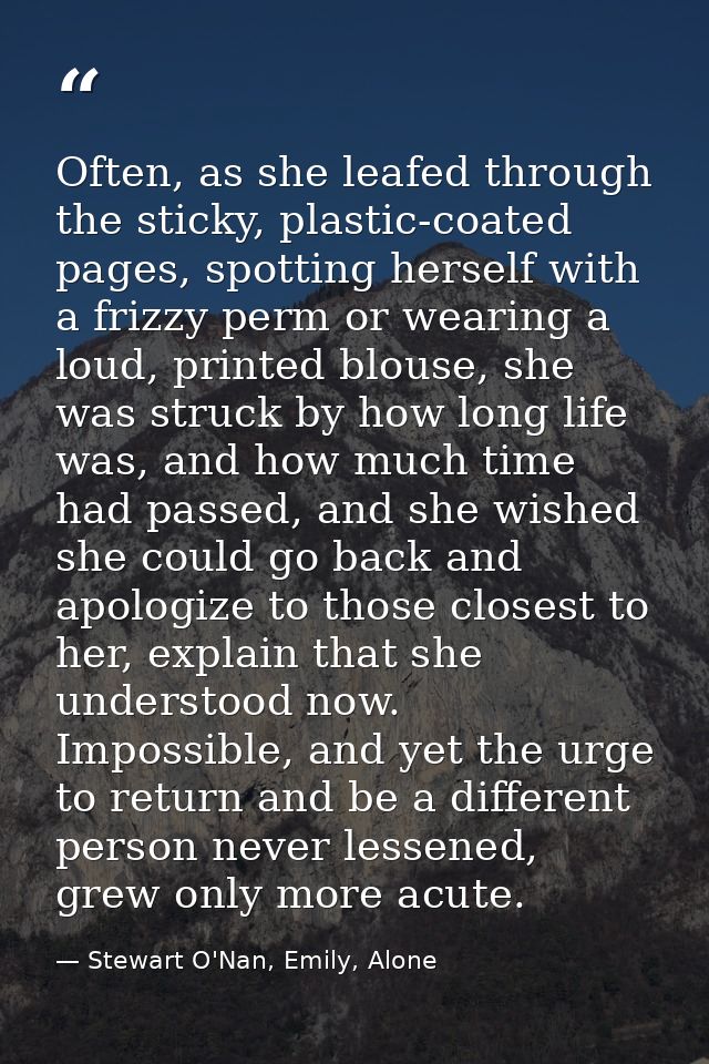 Often, as she leafed through the sticky, plastic-coated pages, spotting herself with a frizzy perm or wearing a loud, pr — Stewart O'Nan, Emily, Alone