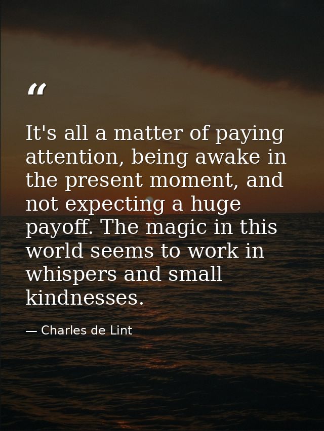 It's all a matter of paying attention, being awake in the present moment, and not expecting a huge payoff. The magic in  — Charles de Lint