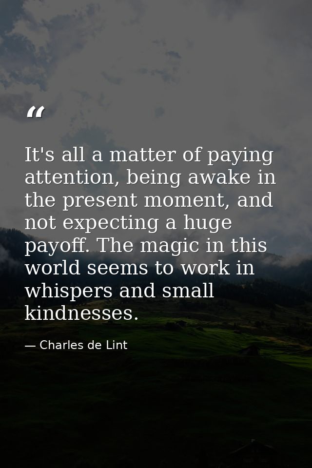 It's all a matter of paying attention, being awake in the present moment, and not expecting a huge payoff. The magic in  — Charles de Lint