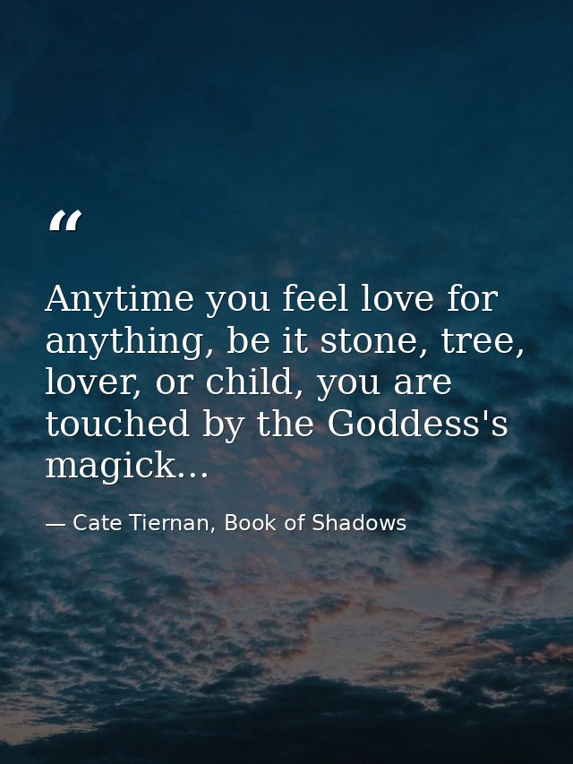 Anytime you feel love for anything, be it stone, tree, lover, or child, you are touched by the Goddess's magick... — Cate Tiernan, Book of Shadows