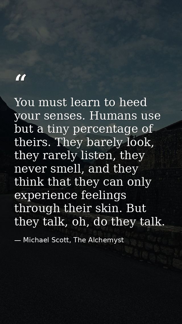 You must learn to heed your senses. Humans use but a tiny percentage of theirs. They barely look, they rarely listen, th — Michael Scott, The Alchemyst