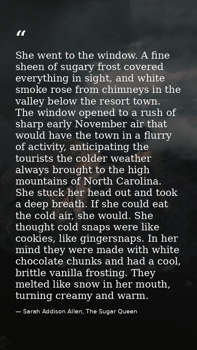 She went to the window. A fine sheen of sugary frost covered everything in sight, and white smoke rose from chimneys in  — Sarah Addison Allen, The Sugar Queen
