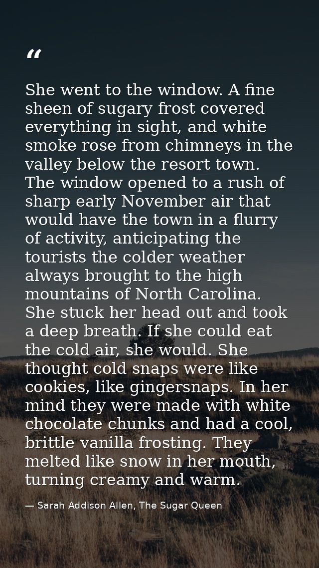 She went to the window. A fine sheen of sugary frost covered everything in sight, and white smoke rose from chimneys in  — Sarah Addison Allen, The Sugar Queen