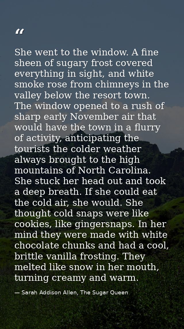 She went to the window. A fine sheen of sugary frost covered everything in sight, and white smoke rose from chimneys in  — Sarah Addison Allen, The Sugar Queen